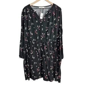 Loft Long Sleeve Floral Above Knee Dress Black Large Romantic‎ Countryside Chic
